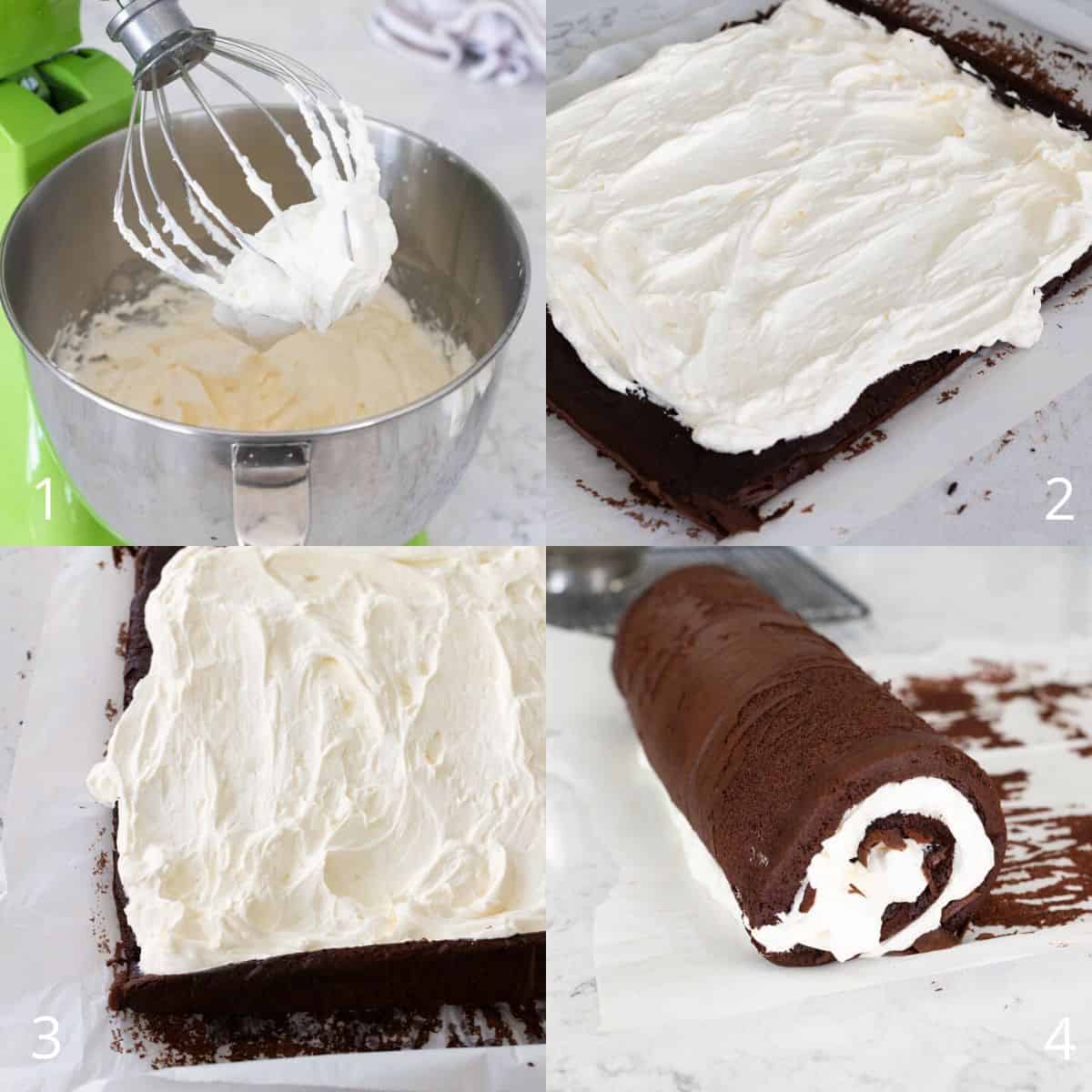 The step by step photos show how to make the cream filling and spread it into the cake roll.