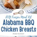 The photo collage shows the baked Alabama chicken with white sauce next to photos of the freezer meal kit packaging and the bbq sauce in a mason jar.