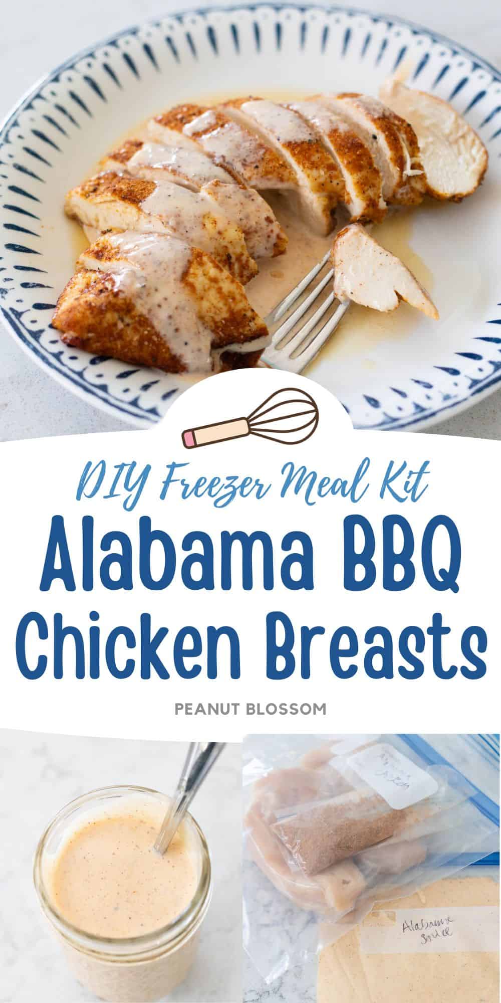 The photo collage shows the baked Alabama chicken with white sauce next to photos of the freezer meal kit packaging and the bbq sauce in a mason jar.