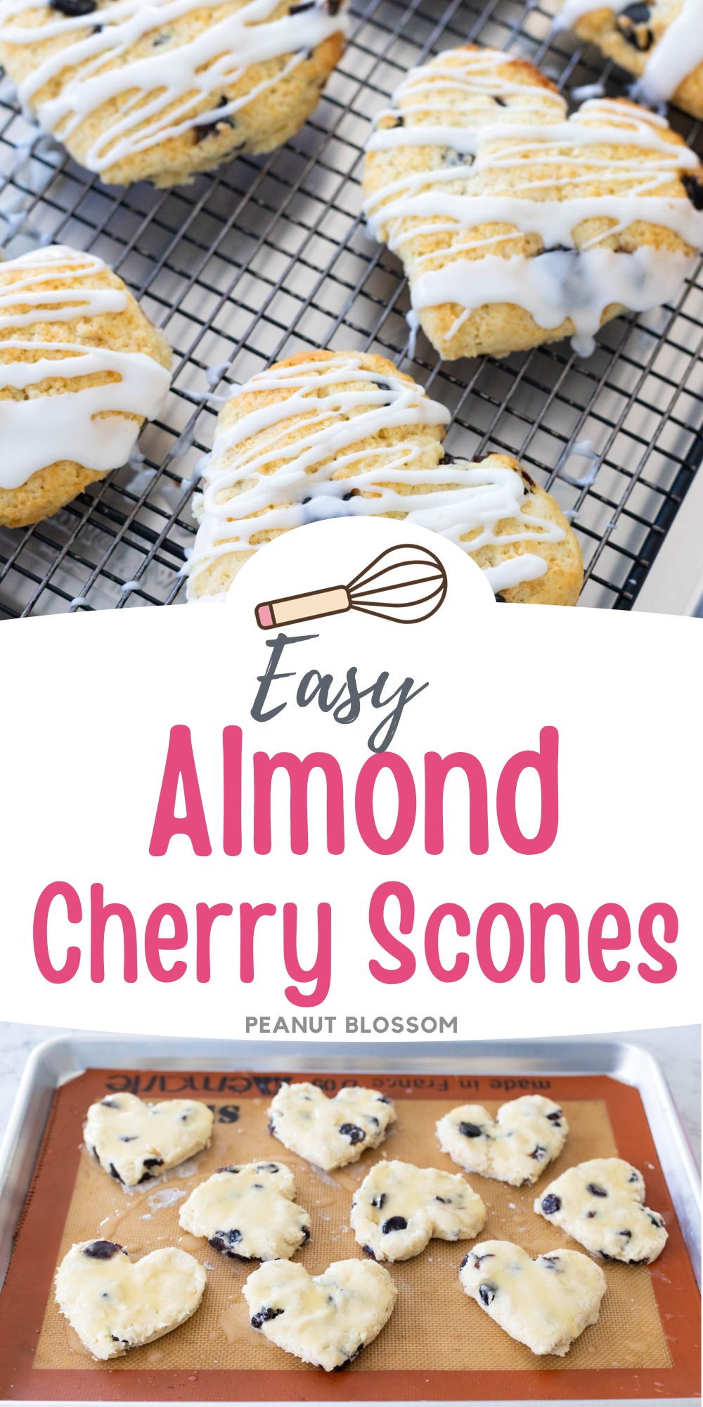 A photo collage shows the heart-shaped almond cherry scones being drizzled with icing on a bakers rack next to a photo of the raw scones on a baking sheet brushed with melted butter.