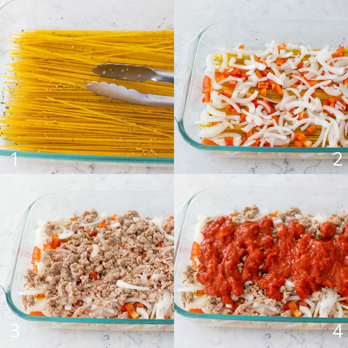 The step by step photos show how to layer the spaghetti, vegetables, and sauce.