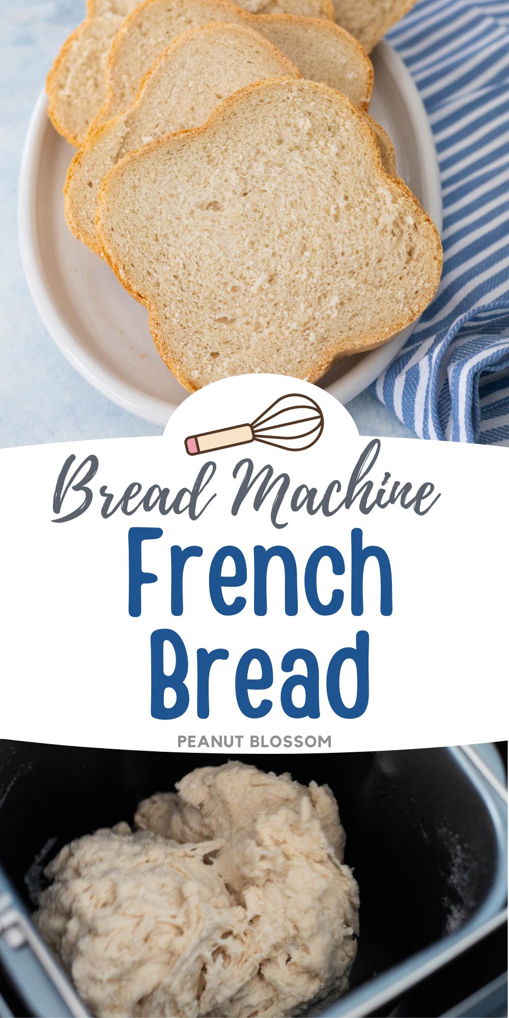 The photo collage shows the sliced French bread next to the dough being kneaded in the bread machine.