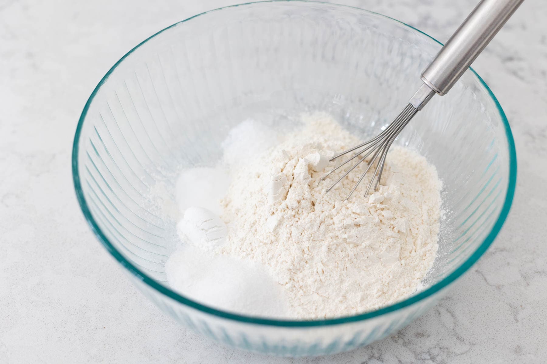 The dry ingredients are in the mixing bowl.