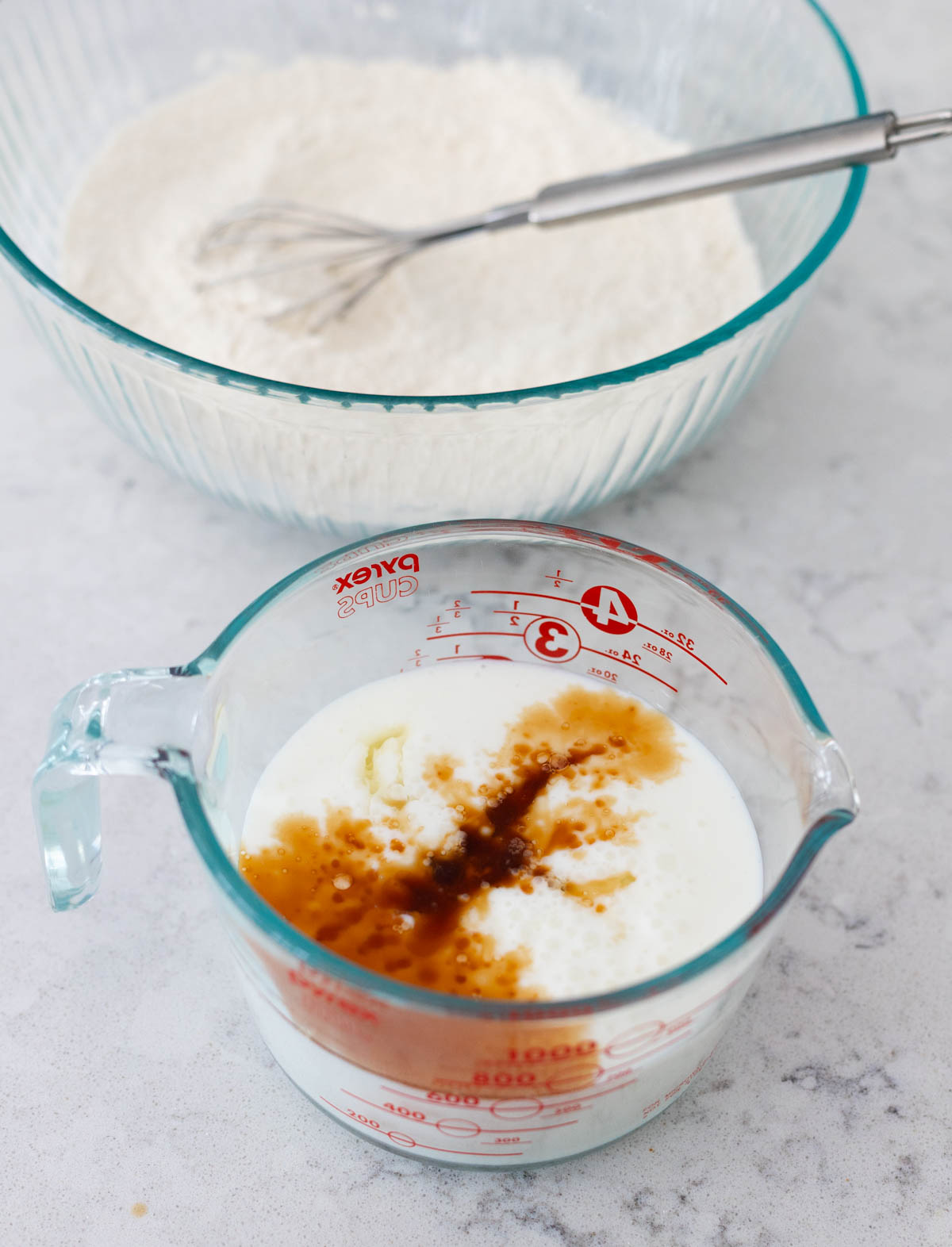The buttermilk and vanilla are in a liquid measuring cup