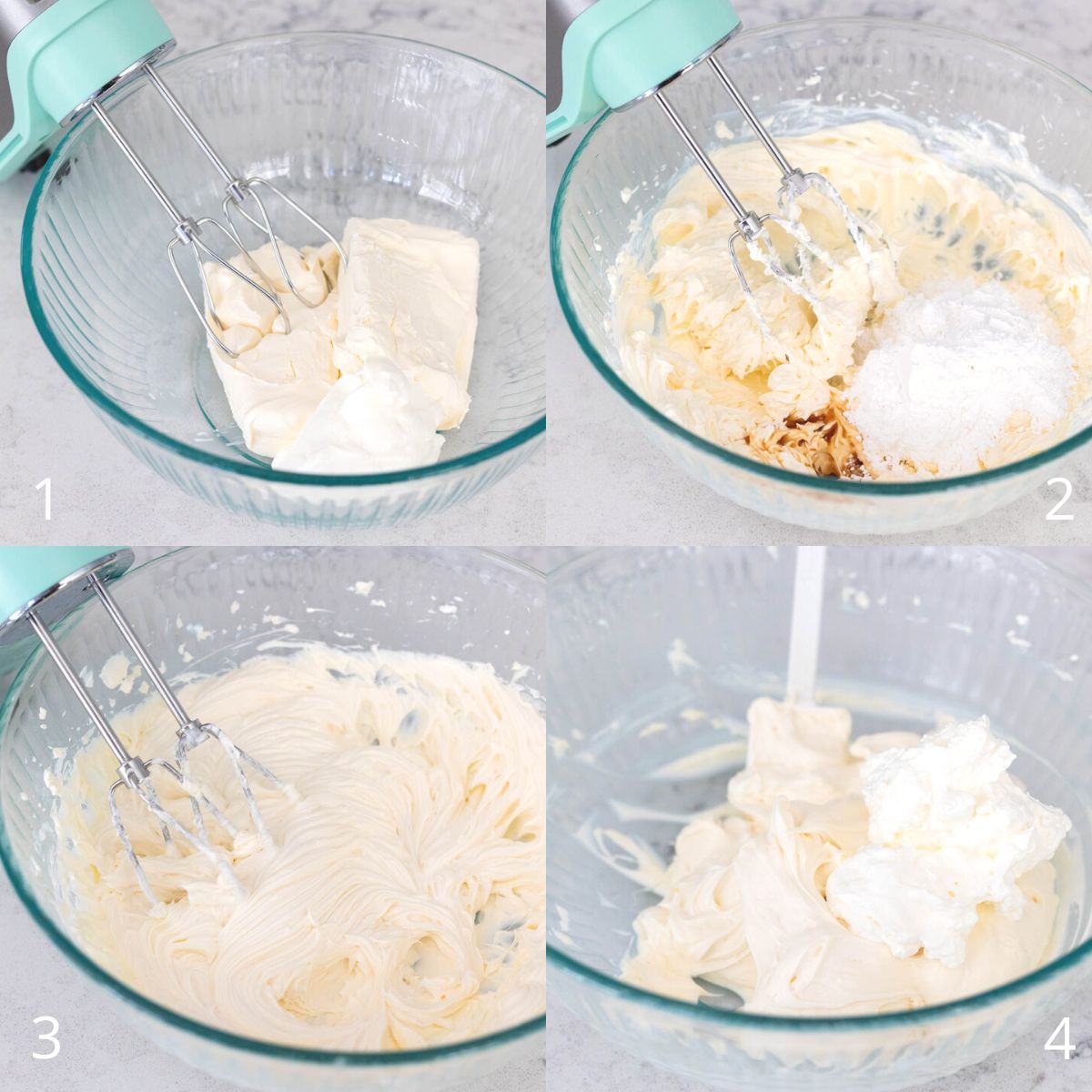 The photo collage shows step by step photos that illustrate how to beat the cream cheese with sugar and vanilla and fold in the whipped cream. 