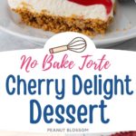 A layered cherry delight dessert slice on a white plate. You can see layers of graham cracker crust, cream cheese filling, and cherry pie filling on top with a dollop of whipped cream. On the bottom you can see the can of pie filling next to the baking pan filled with the dessert.