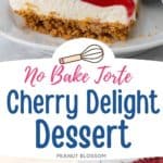 A layered cherry delight dessert slice on a white plate. You can see layers of graham cracker crust, cream cheese filling, and cherry pie filling on top with a dollop of whipped cream. On the bottom you can see the can of pie filling next to the baking pan filled with the dessert.