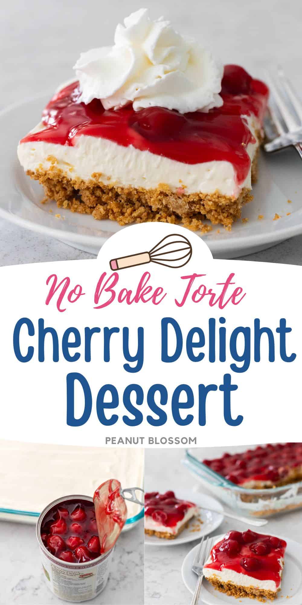 A layered cherry delight dessert slice on a white plate. You can see layers of graham cracker crust, cream cheese filling, and cherry pie filling on top with a dollop of whipped cream. On the bottom you can see the can of pie filling next to the baking pan filled with the dessert.