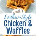 The photo collage shows two angles of the chicken and waffles on a blue plate.