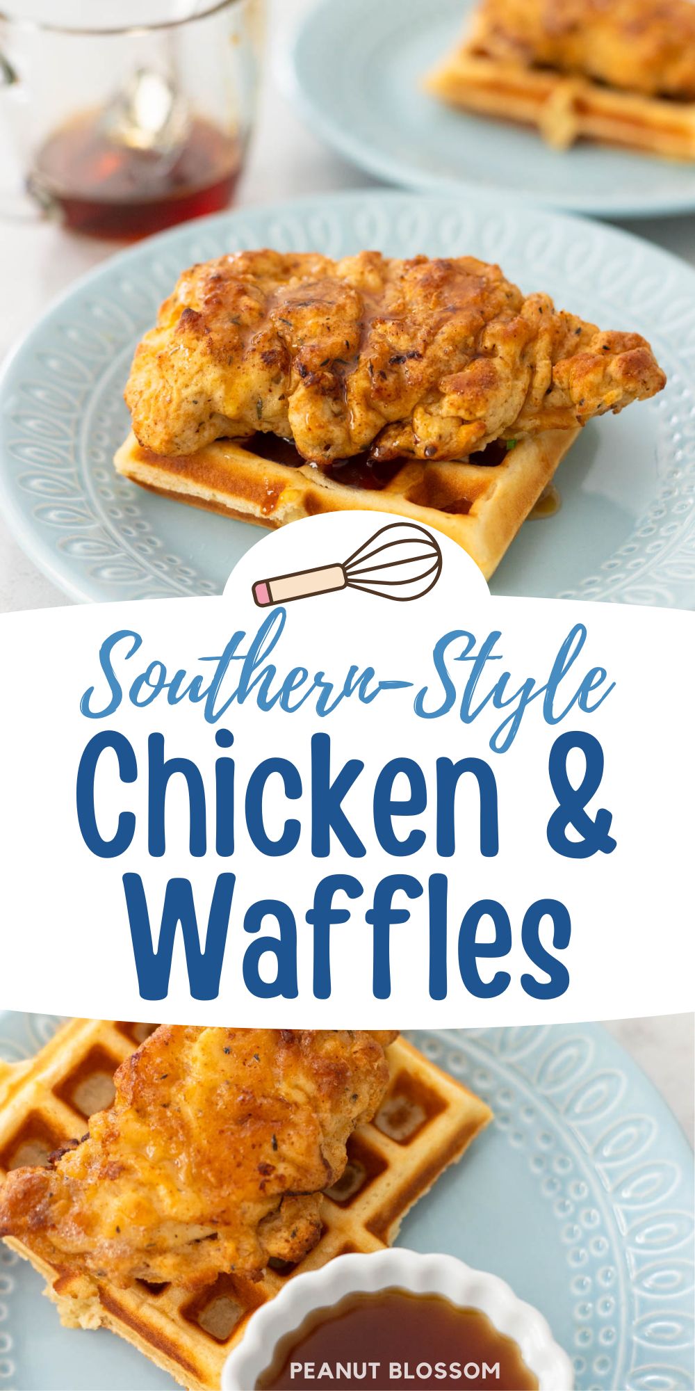 The photo collage shows two angles of the chicken and waffles on a blue plate.