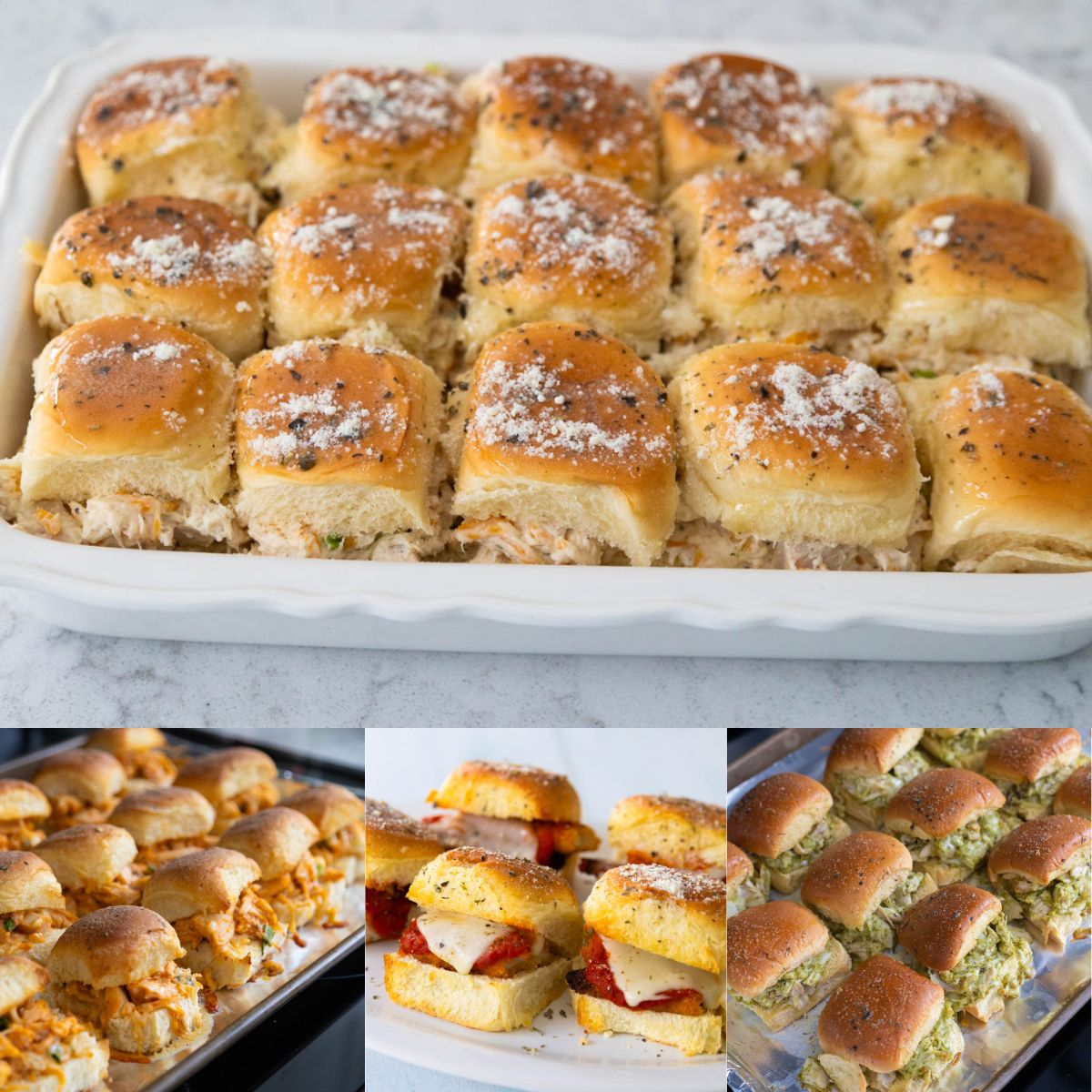 The photo collage shows 4 different kinds of chicken sliders.