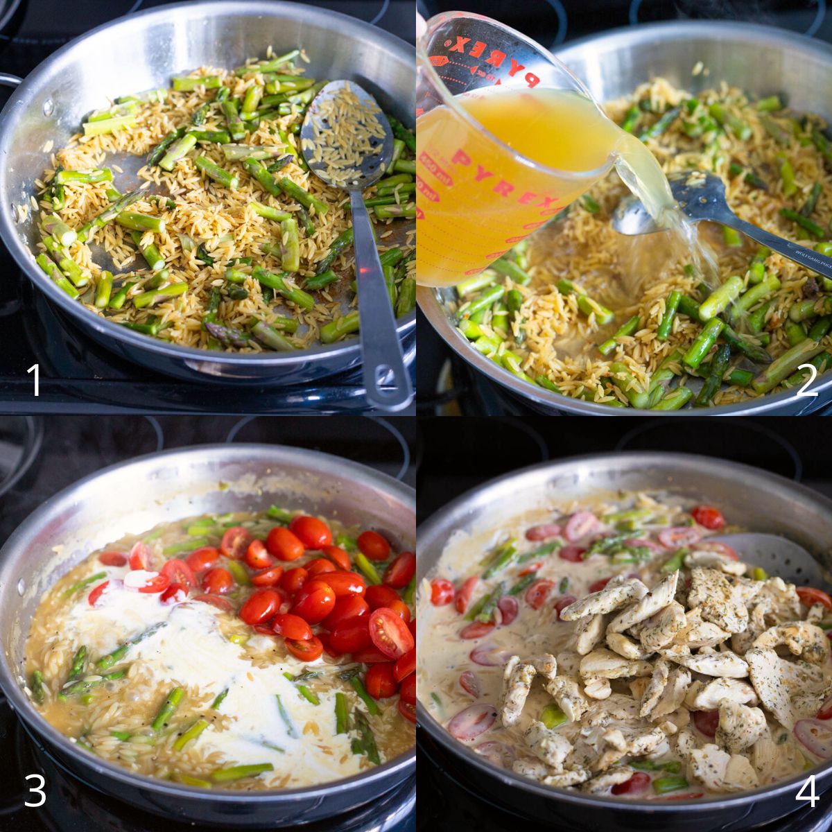 The step by step photo collage shows how to cook the orzo, build the cream sauce, and add the chicken back to the skillet.