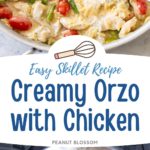 The photo collage shows the finished creamy orzo next to a photo of the skillet filled with heavy cream, cherry tomatoes, asparagus spears, and chicken stock.