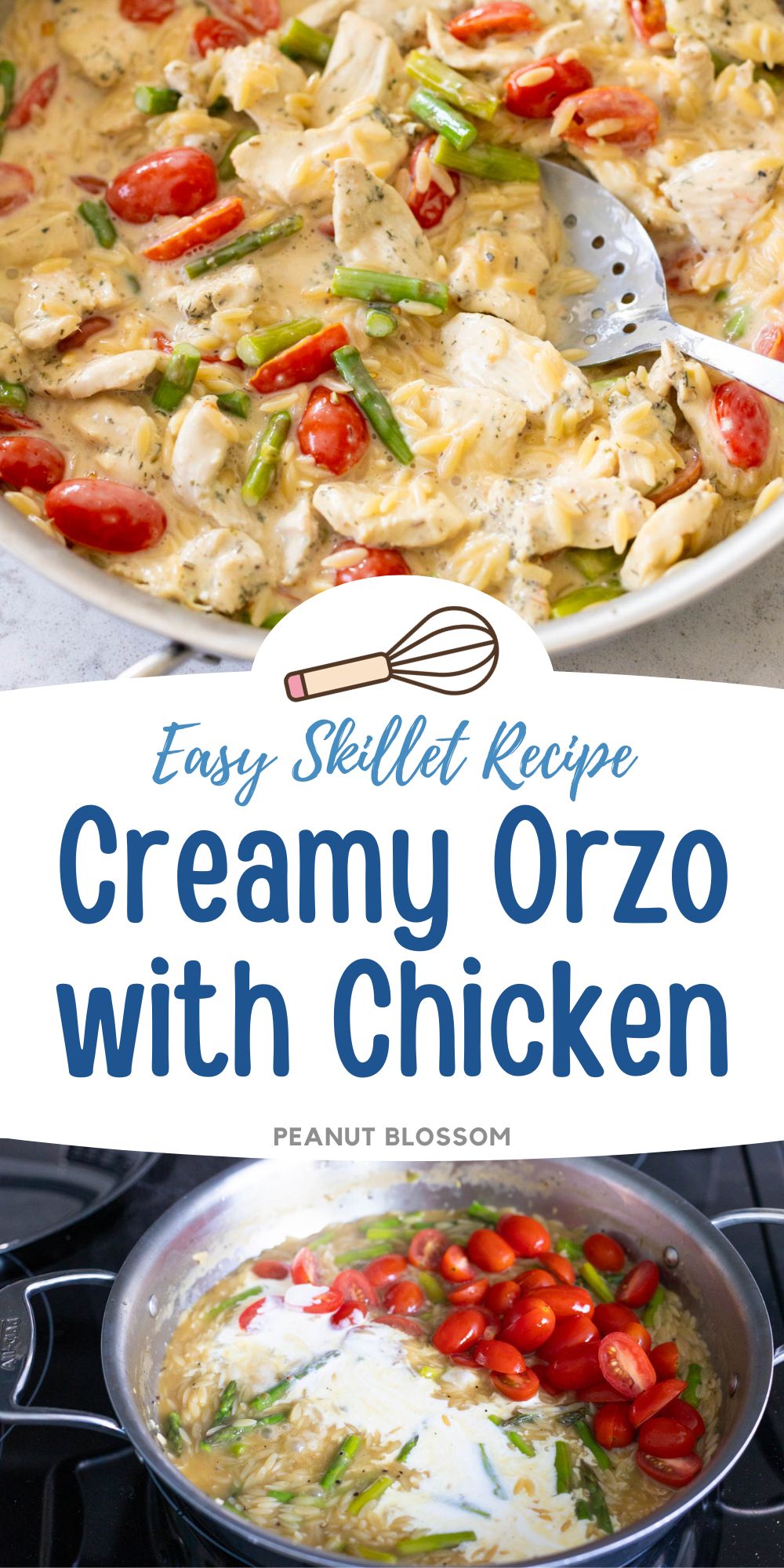 The photo collage shows the finished creamy orzo next to a photo of the skillet filled with heavy cream, cherry tomatoes, asparagus spears, and chicken stock. 
