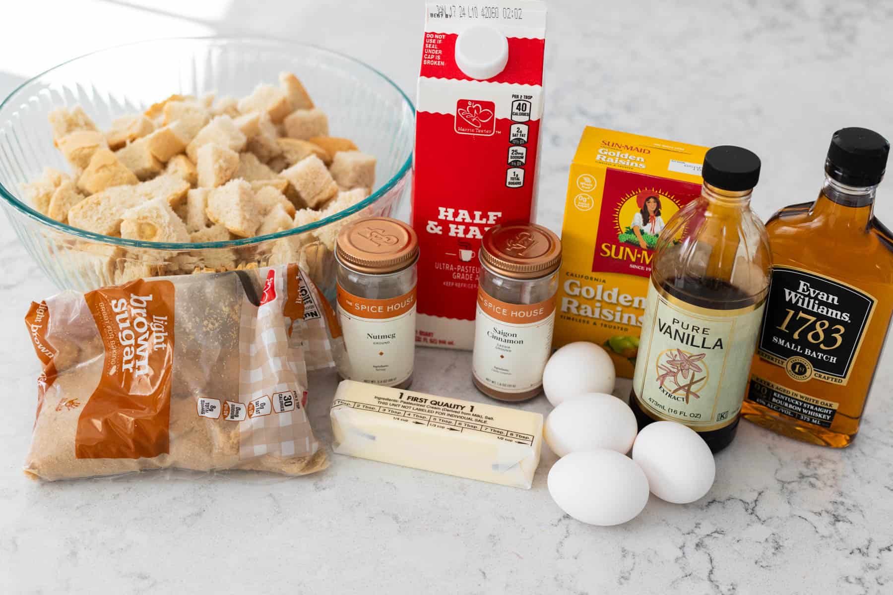 The ingredients to make the bread pudding are on the counter.