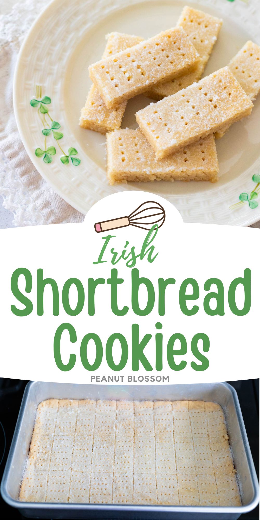 The photo collage shows a shamrock plate of shortbread cookies next to a photo of the shortbread in a baking pan fresh from the oven.