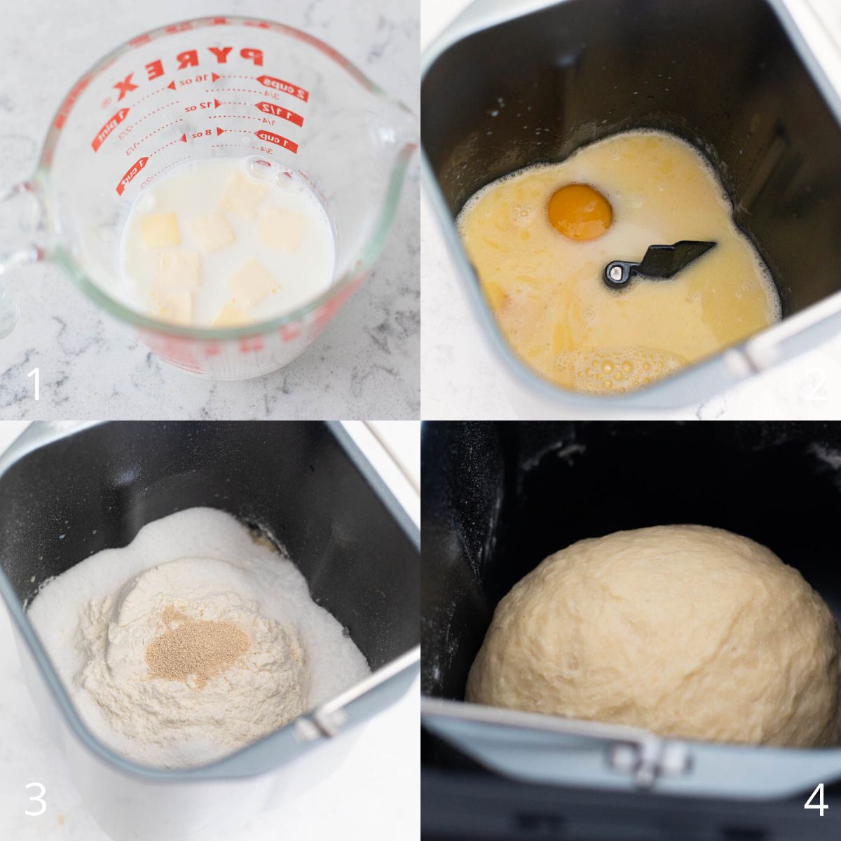 The step by step photos show how to prep the brioche dough in the bread machine pan.