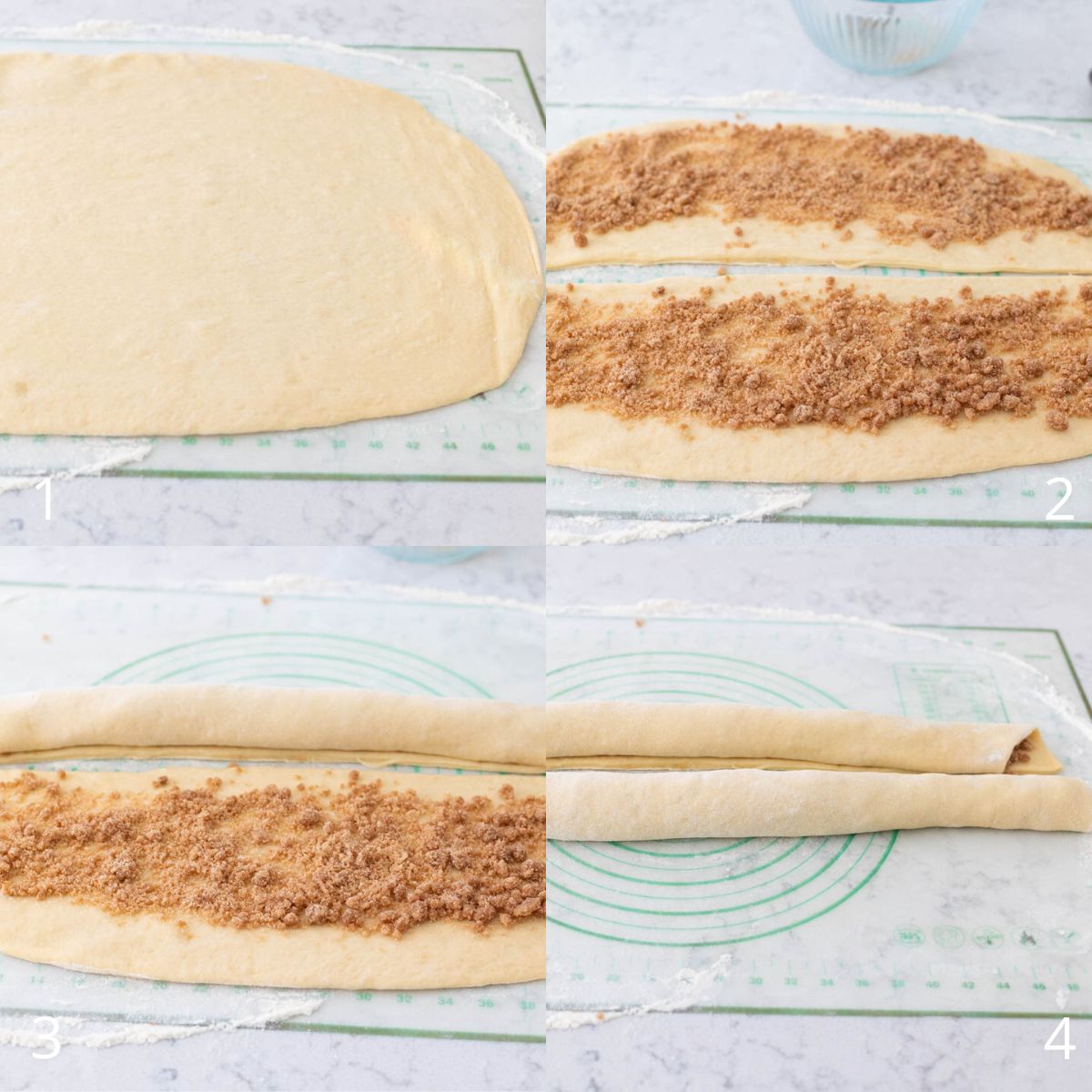 The step by step photos show how to roll the cinnamon filling into the brioche dough.