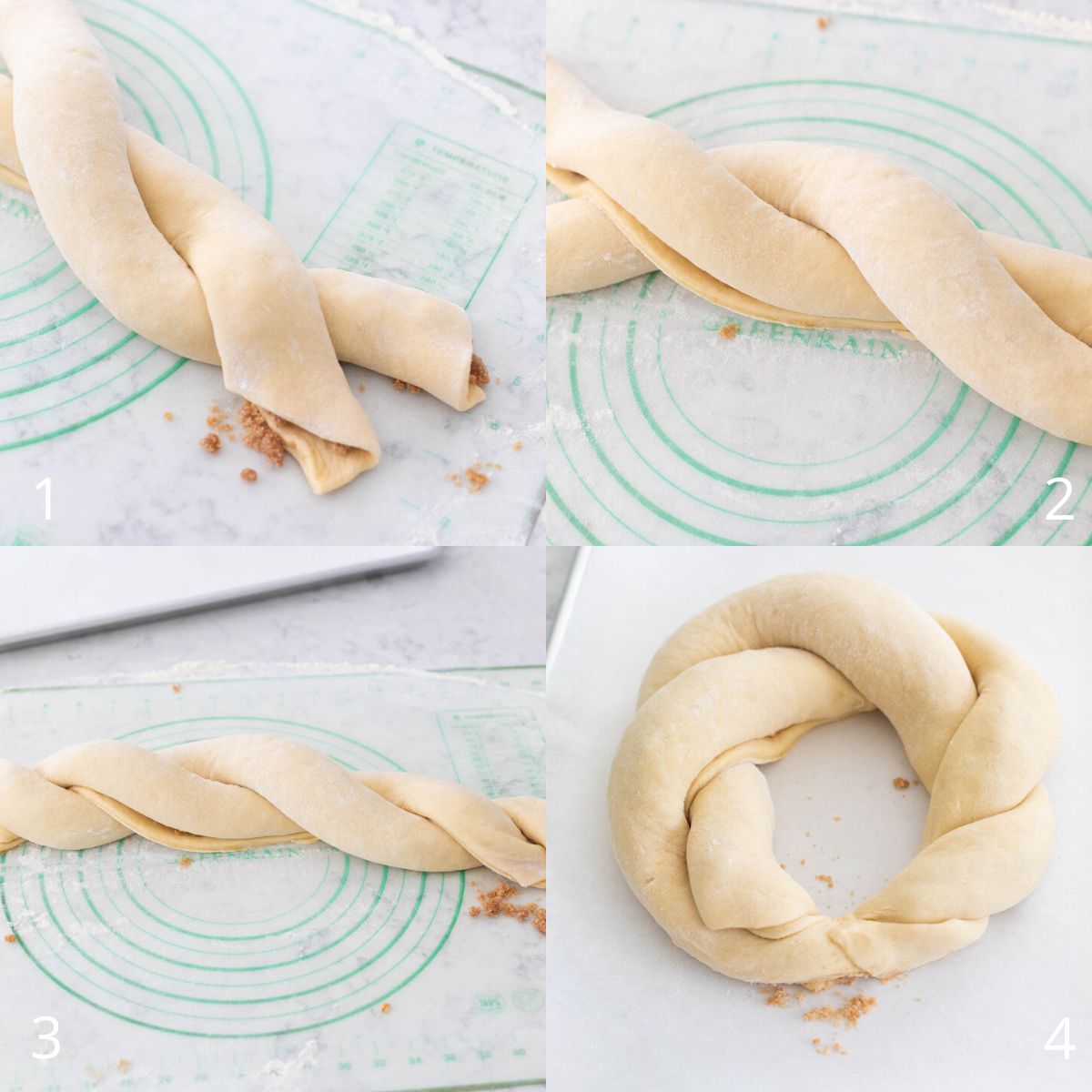 The step by step photos show how to braid the king cake and form the circle.