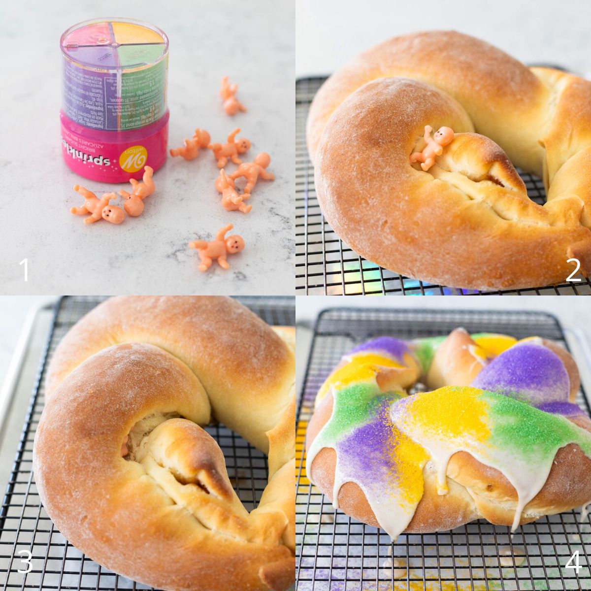 The step by step photos show how to hide the plastic baby inside the king cake and decorate it with icing and sprinkles.