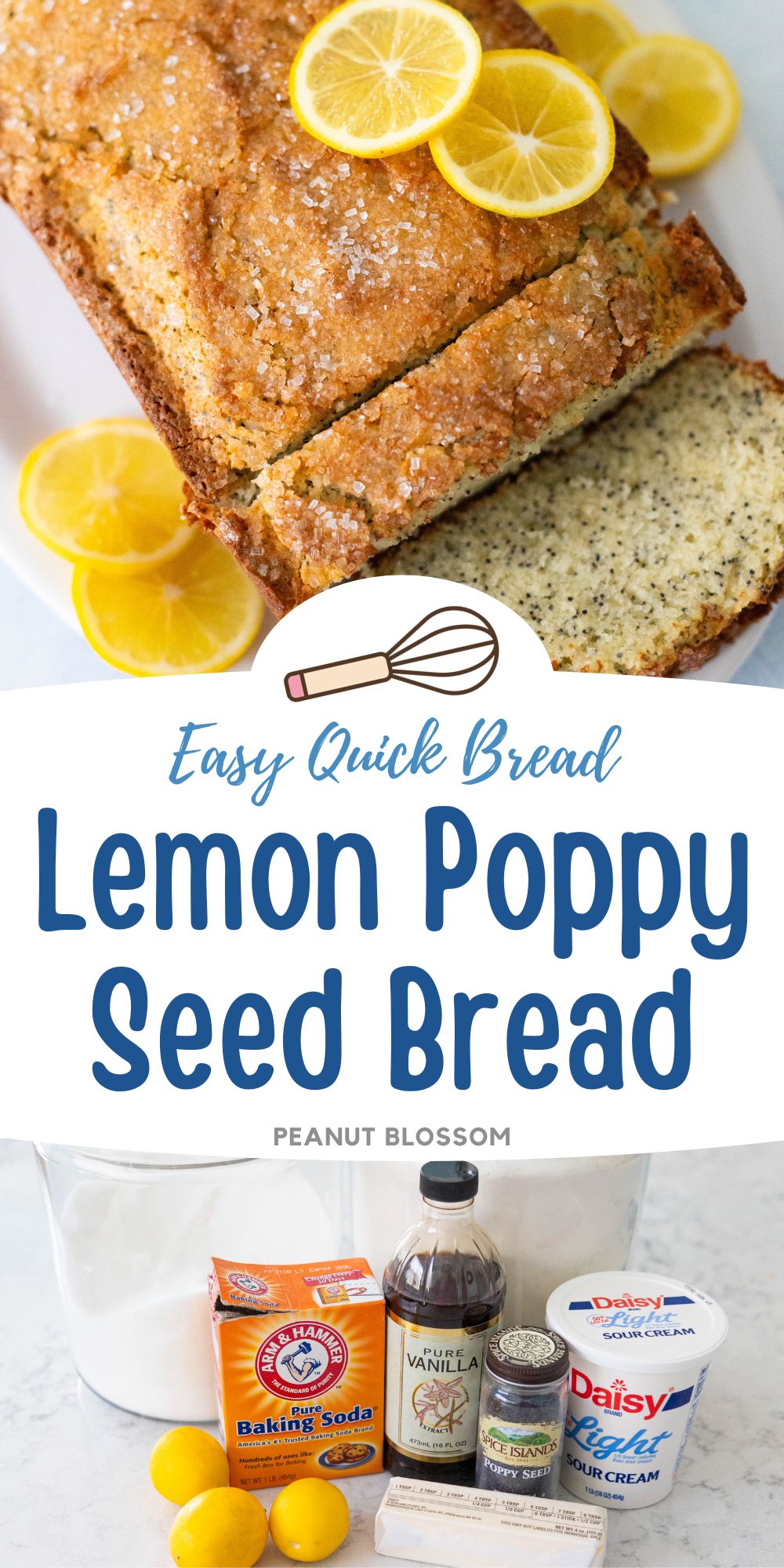 The photo collage shows the finished lemon poppy seed bread with lemon slices next to a photo of the ingredients needed to make it.