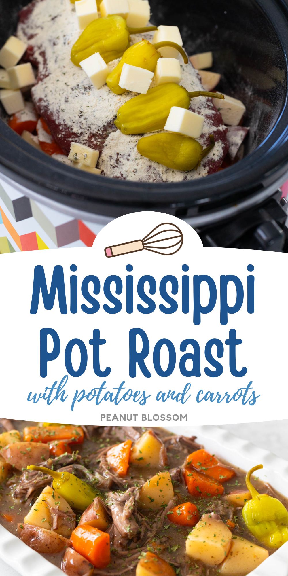 The photo collage shows the Mississippi pot roast cooking in a Crock Pot next to a photo of the serving dish that shows the chunks of potatoes and carrots that cooked with it.