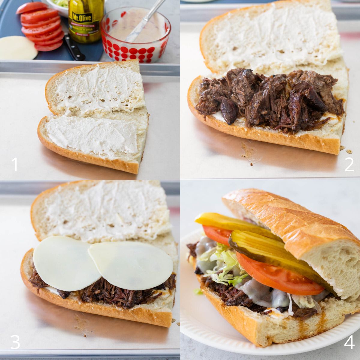 The step by step photos show how to spread the horseradish sauce, top with beef, top with cheese and bake, and add the lettuce, tomatoes, and pickles.