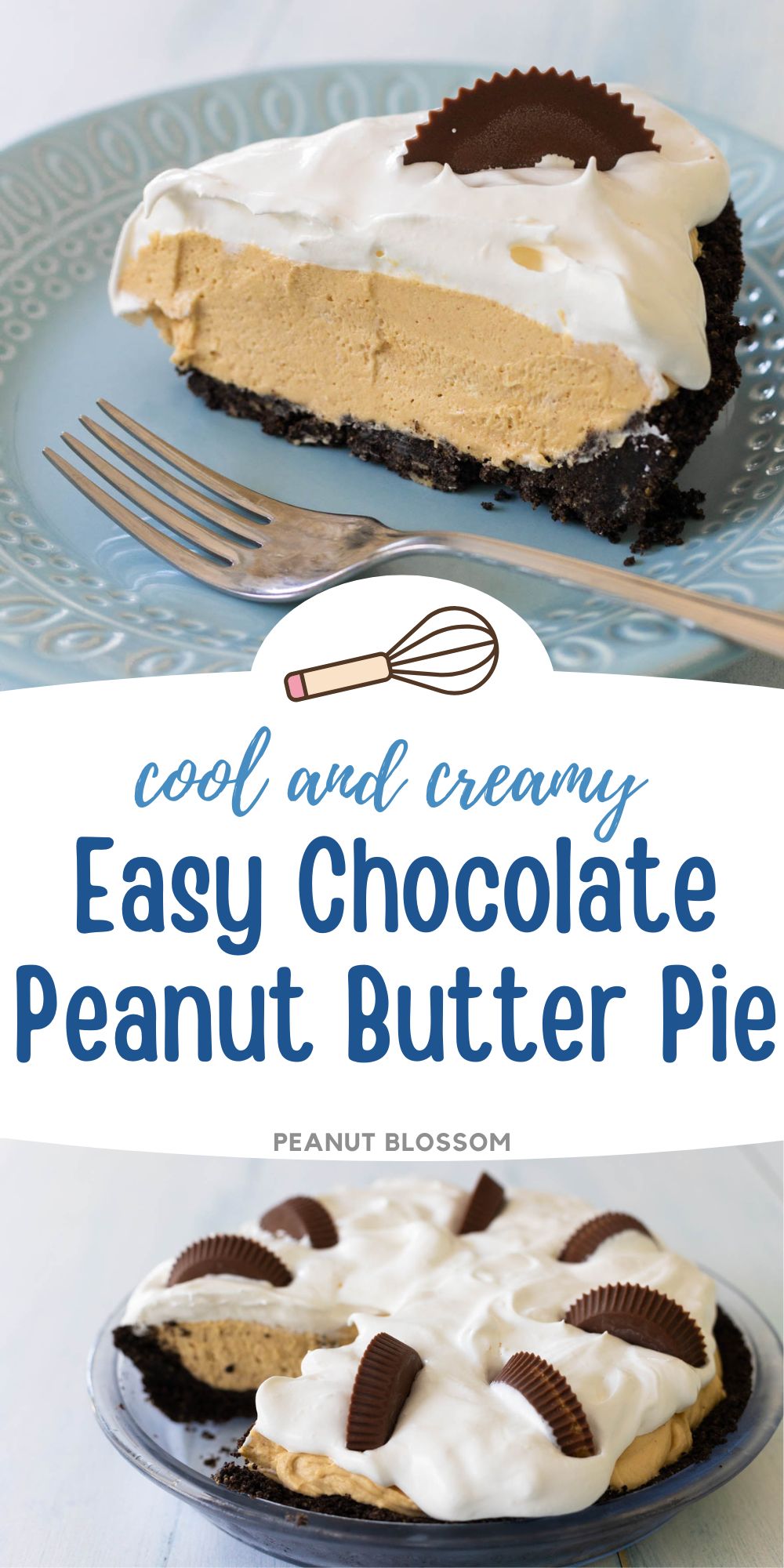 The photo collage shows a slice of the no bake peanut butter pie with Oreo cookie crust and a Reese's peanut butter cup on top next to the whole pie decorated with halved peanut butter cups in a circle.