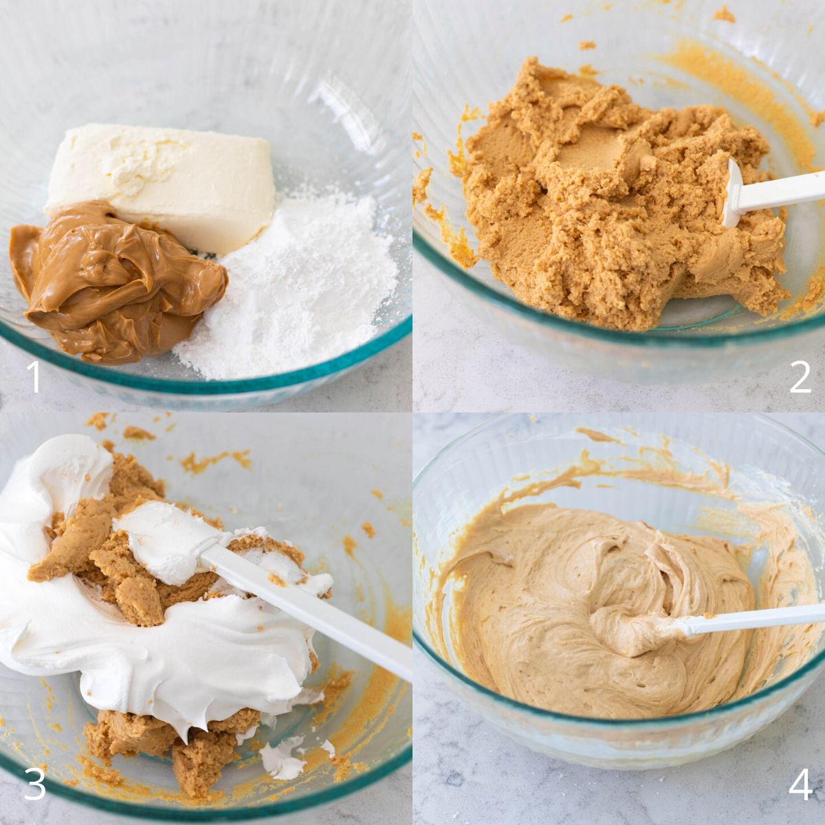 The step by step photos show how to mix the cream cheese, peanut butter, and powdered sugar to make the pie filling.