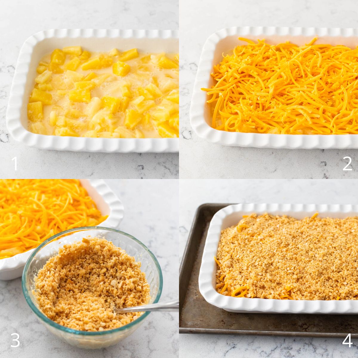 The step by step photos show how to assemble the pineapple cheese casserole.
