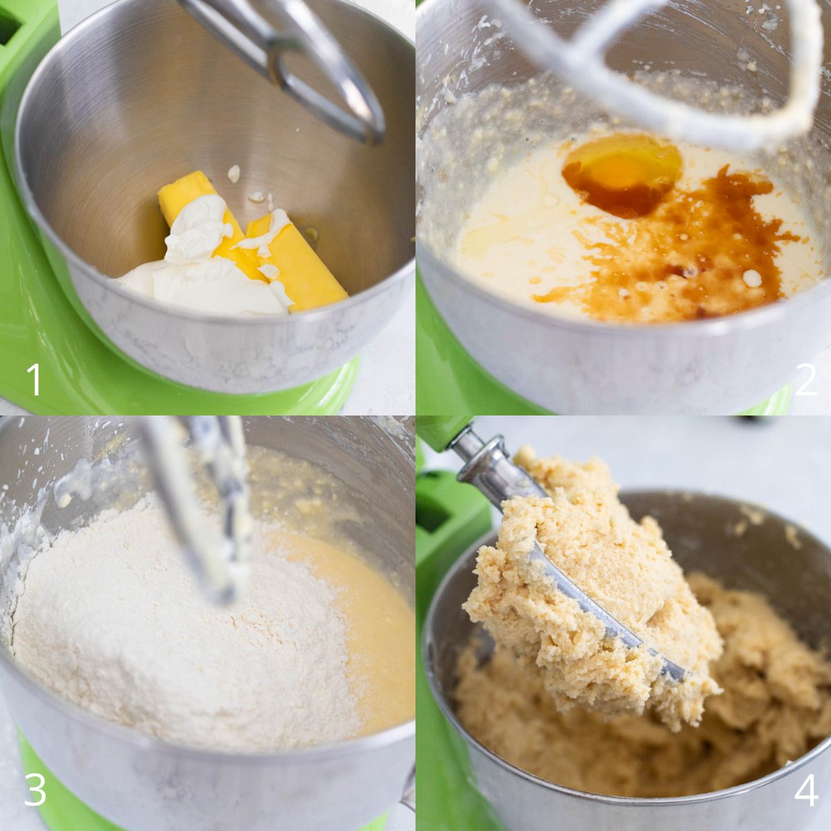 The step by step photo collage shows how to prepare the soft sugar cookie dough.