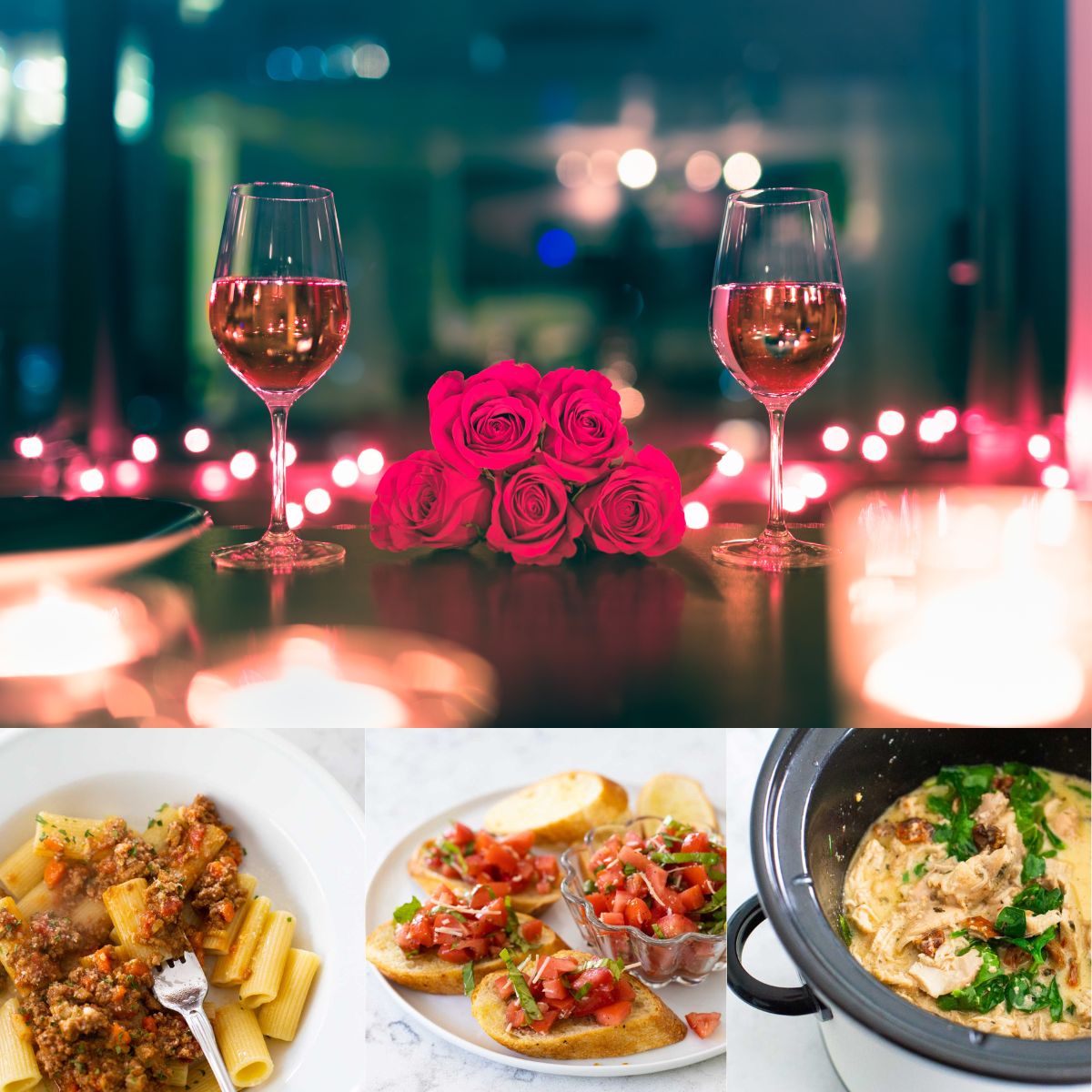 A table for two is set with roses and wine. a collage of 3 pasta recipes is below.