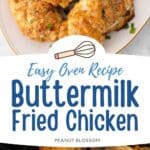 A photo collage shows the platter of fried chicken next to the baking pan with chicken on it.