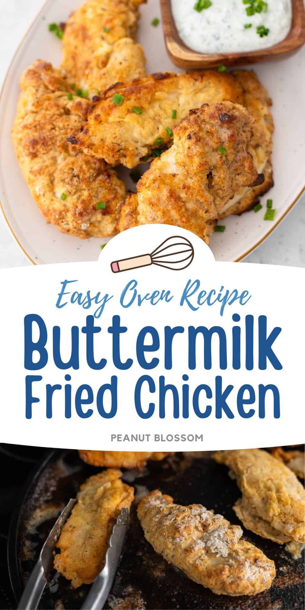 A photo collage shows the platter of fried chicken next to the baking pan with chicken on it.