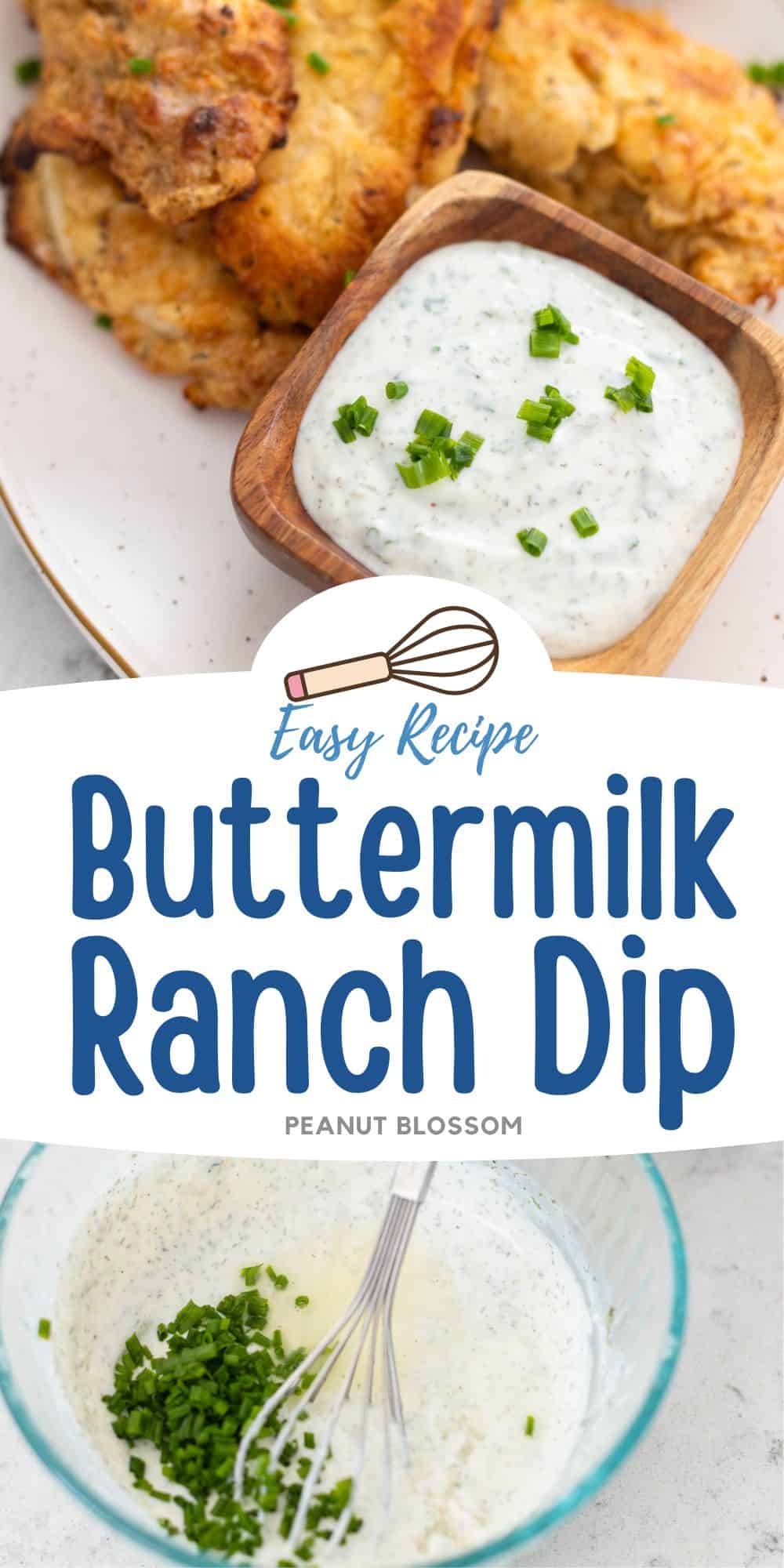 A photo collage shows the ranch dip in a cup next to fried chicken tenders and a photo of the ranch dip in a mixing bowl being whisked together.