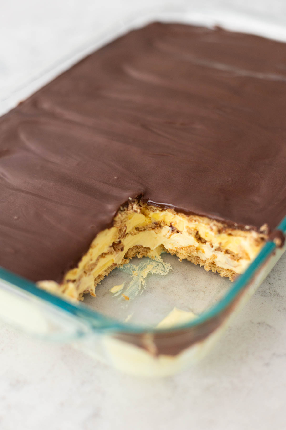 The 9x13-inch baking dish filled with chocolate eclair cake.