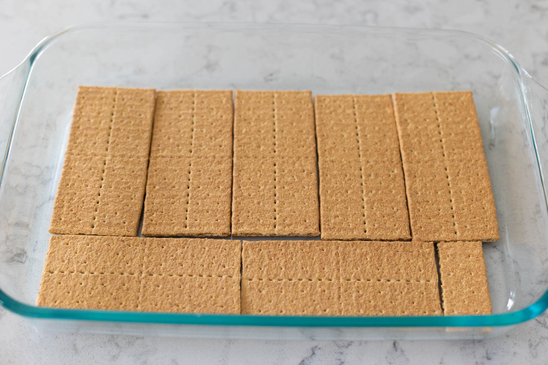 The graham crackers have been laid down in an even layer on the bottom of a 9x13-inch baking dish.