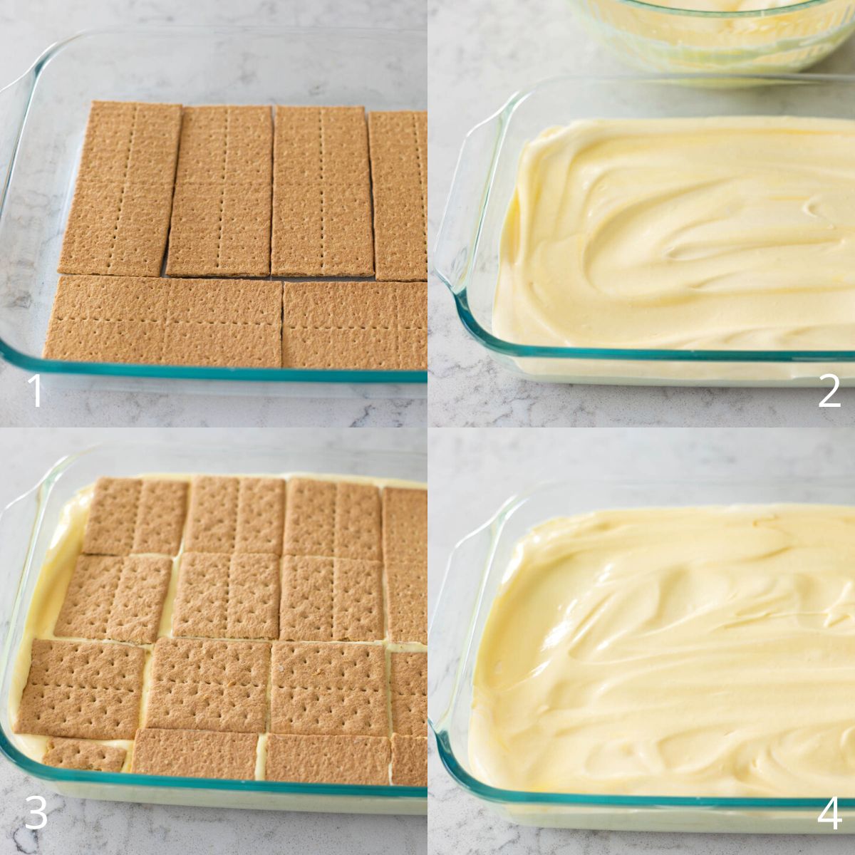 The graham crackers and pudding are layered in the dessert.
