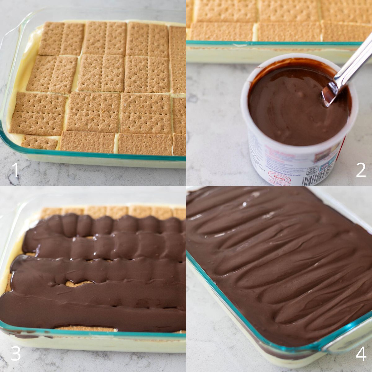 The step by step photos show how to frost the torte with chocolate frosting.