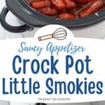 The photo collage shows the little hot dogs cooking in a slowcooker next to a photo of the bbq sauce in a measuring cup.
