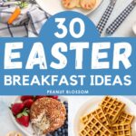 The photo collage show four easy breakfast ideas for Easter including bunny pancakes, hot cross biscuits, and eggs.