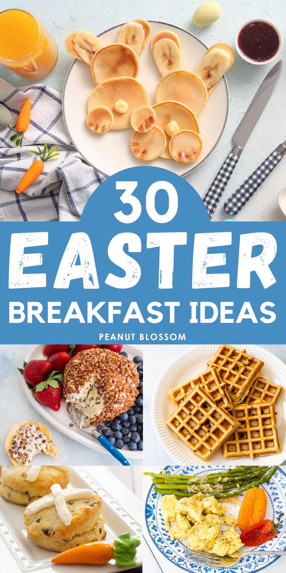 The photo collage show four easy breakfast ideas for Easter including bunny pancakes, hot cross biscuits, and eggs.