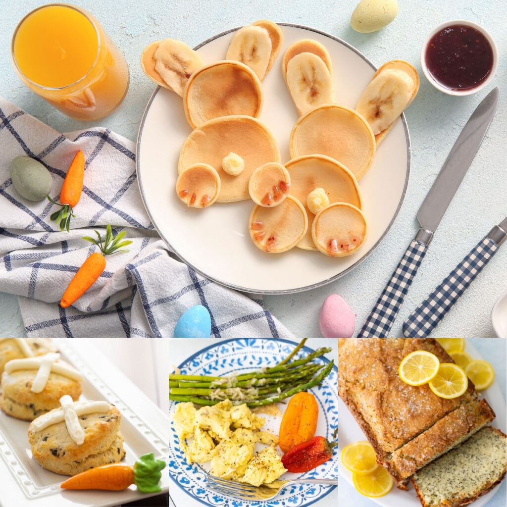 The photo collage show four easy breakfast ideas for Easter including bunny pancakes, hot cross biscuits, and eggs.