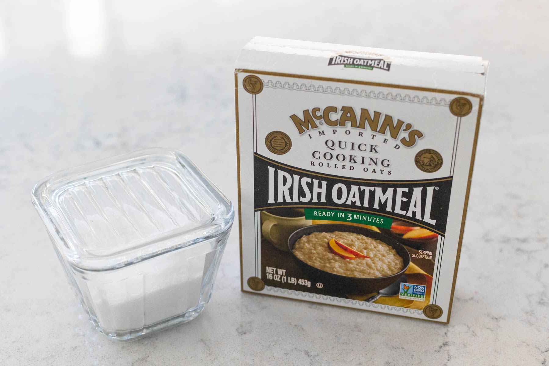 A box of Irish oatmeal next to a container of kosher salt.