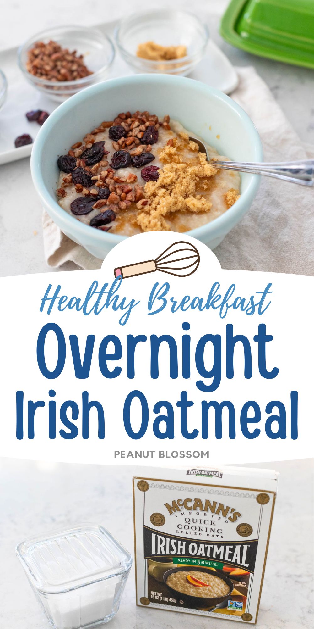 The photo collage shows a bowl of Irish oatmeal with dried fruit and nuts on top next to a photo of the box of oatmeal.