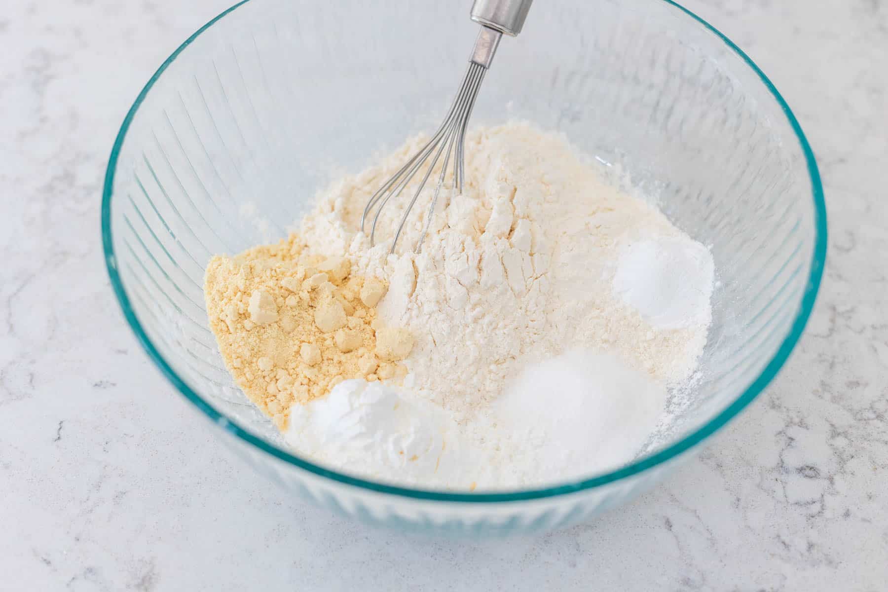 The dry ingredients have been added to a mixing bowl.