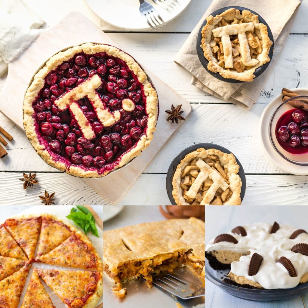 The photo collage shows several pie recipes for Pi Day.