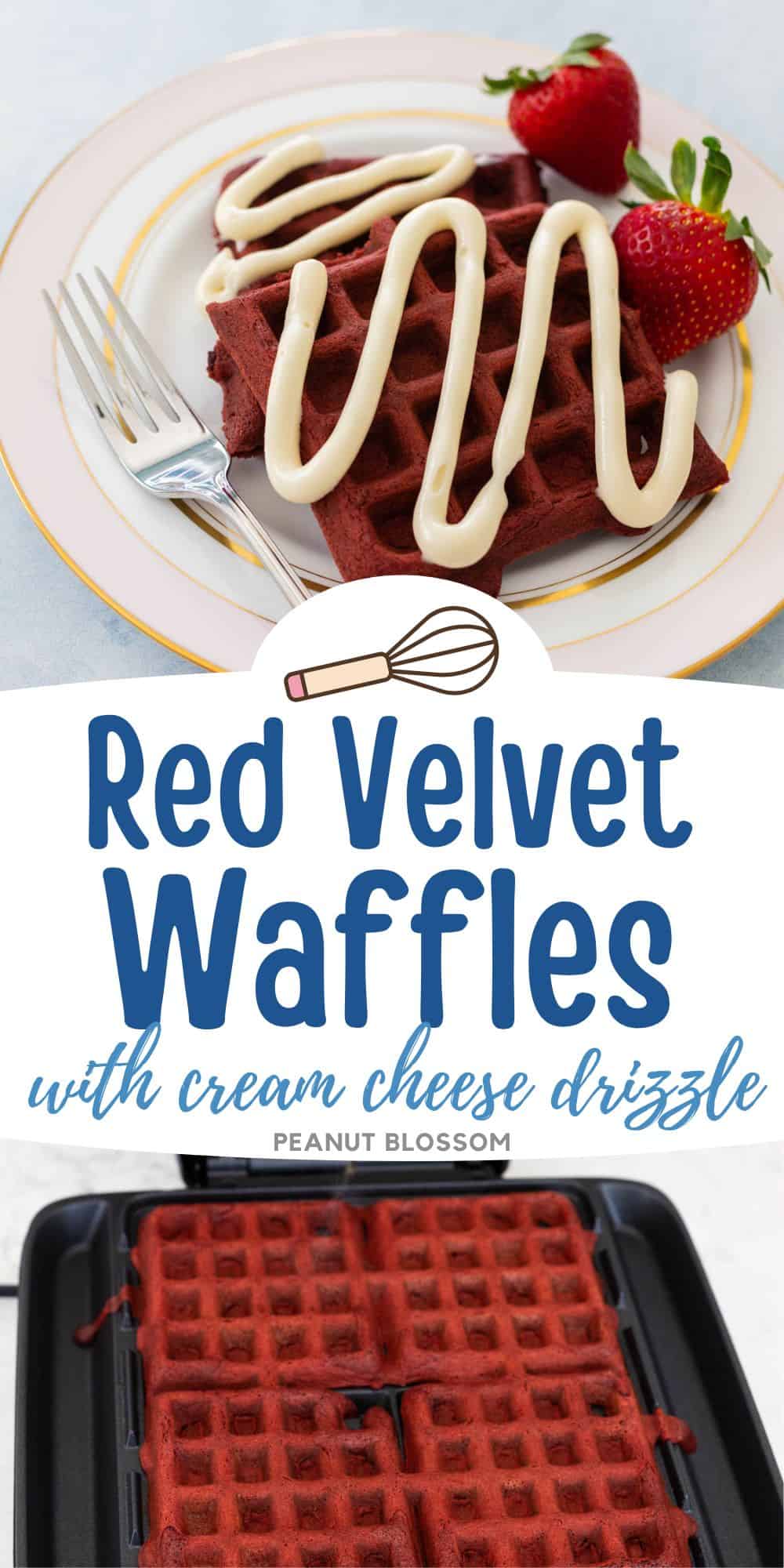 Photo collage of red velvet waffles being served next to a photo of them baking in the waffle maker.