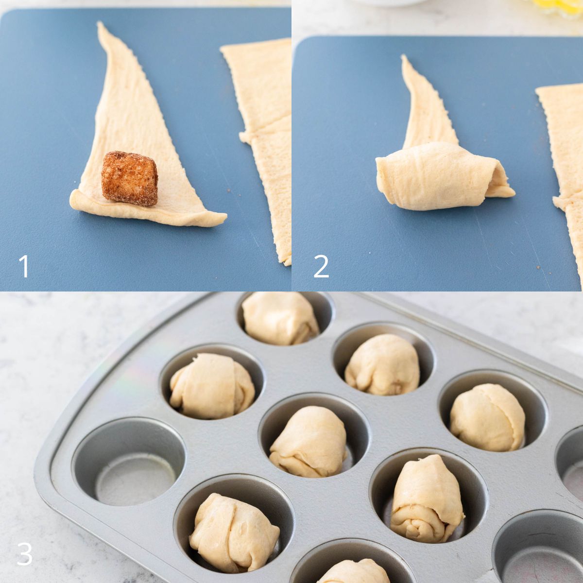The crescent roll dough is wrapped around the cinnamon sugar marshmallow.