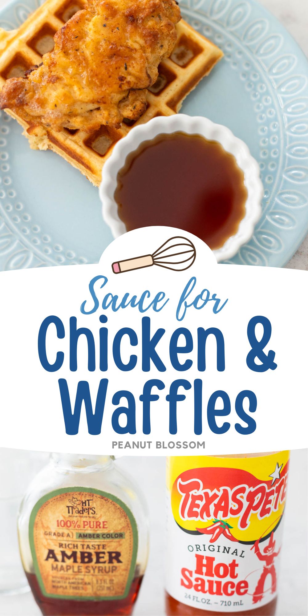 The photo collage shows the spicy maple syrup in a cup next to a plate of chicken and waffles.